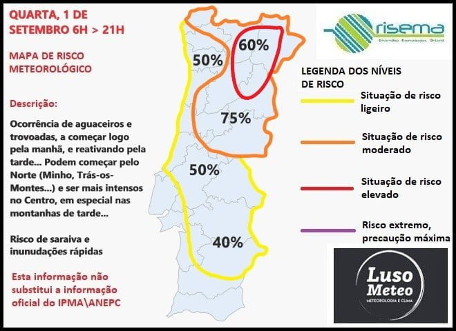 Trovoadas dia 1 de Setembro: Risco Meteorológico Trovoadas dia 1 de Setembro: Risco Meteorológico