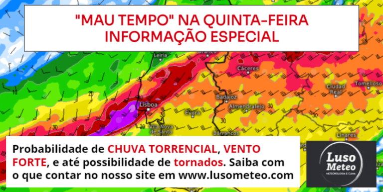 Muita chuva e vento na Quinta-feira, dia 30 de Novembro – Risco de inundações – Informação Especial Temporal Quinta