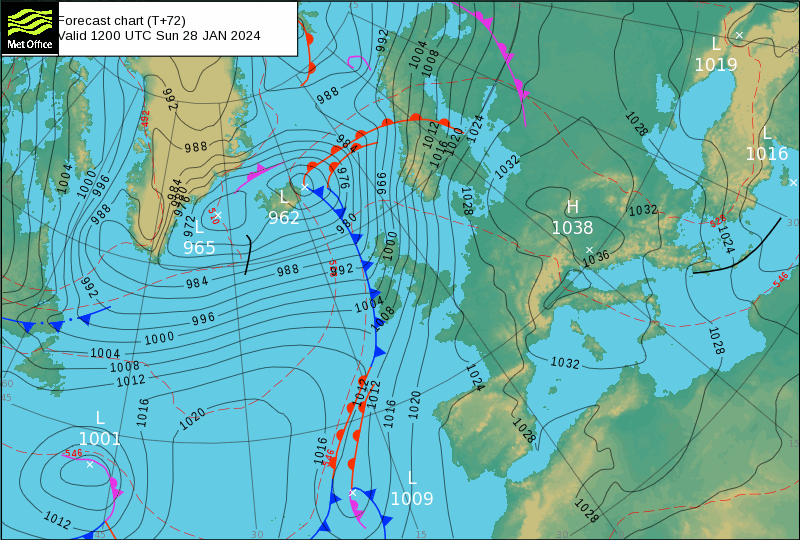 Previsão do Tempo para Domingo, 28 de Janeiro de 2024 Previsão do tempo - análise frontal MetOffice