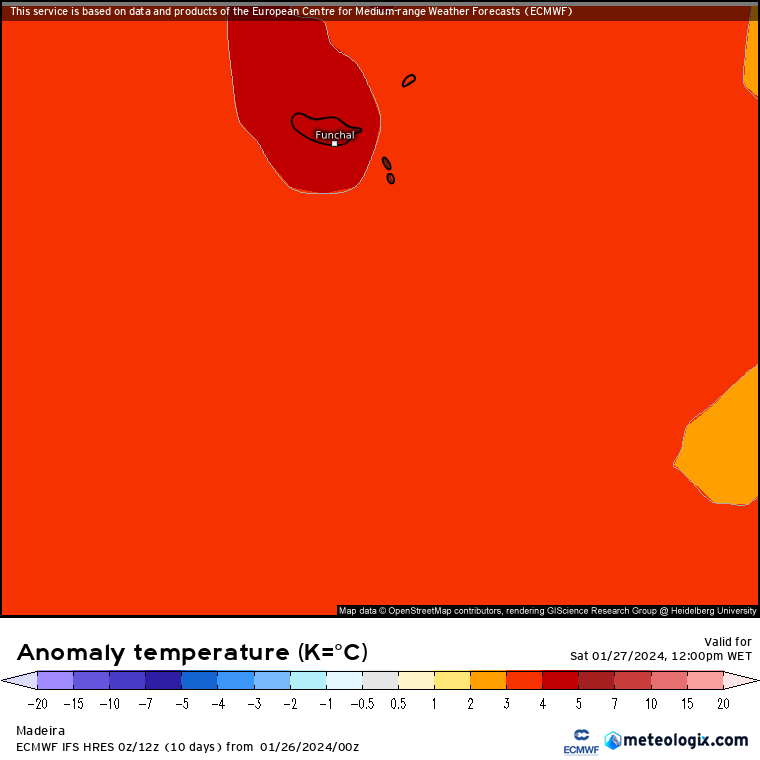 Previsão do Tempo para Sábado, 27 de Janeiro de 2024 Anomalia de temperatura Madeira dia 26 de Janeiro