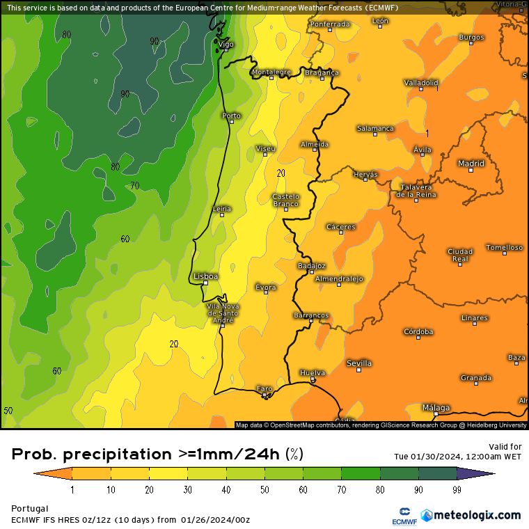 Fim-de-semana com mais nuvens e poeiras - mudança temporária do tempo a caminho Probabilidade de chuva Segunda, dia 29 de Janeiro