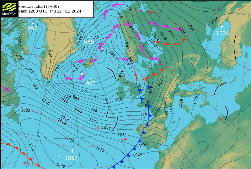 Tempo na Quinta, 22 de Fevereiro de 2024 - Previsão Tempo na Quinta - análise frontal MetOffice