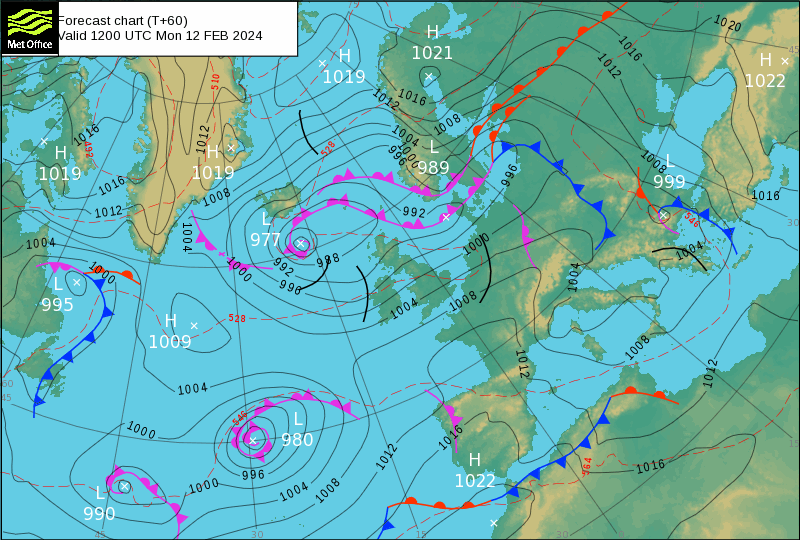 Previsão do Tempo para Segunda, 12 de Fevereiro de 2024 Previsão do Tempo - Análise Frontal MetOffice