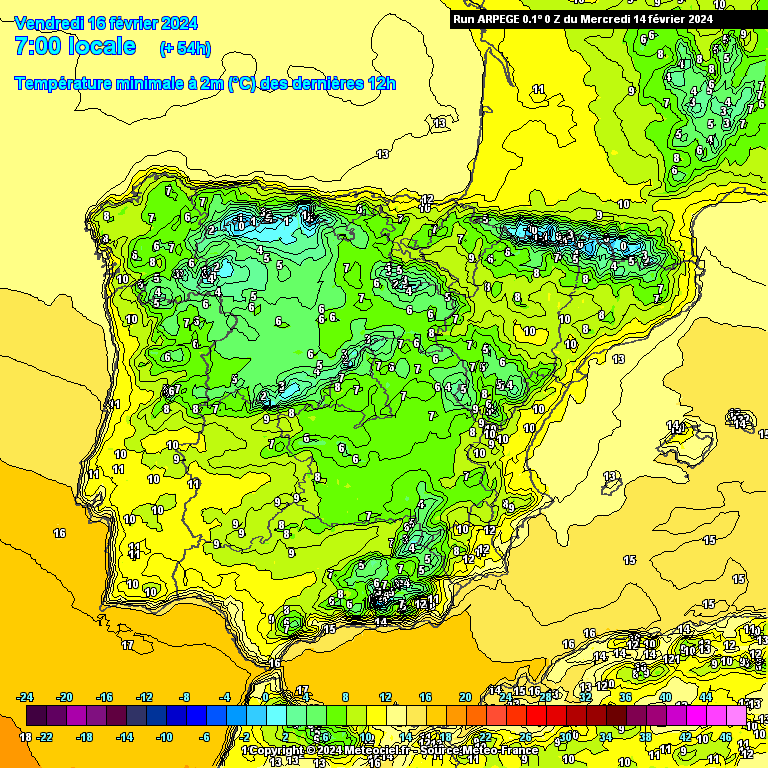 Previsão do Tempo para Sexta, 16 de Fevereiro de 2024 Temperaturas SEXTA 16 DE FEVEREIRO - ARPEGE - Portugal Continental