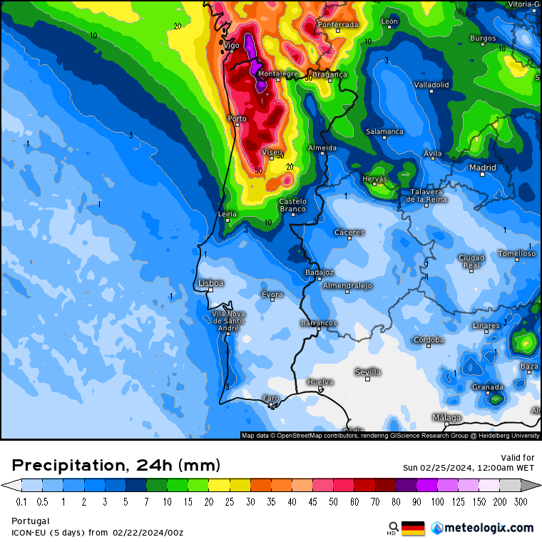 Tempo no fim-de-semana: Frio e chuva, mas também abertas! - Previsão 2425 de Fevereiro Chuva Sábado, Previsão ICON - Tempo no fim-de-semana