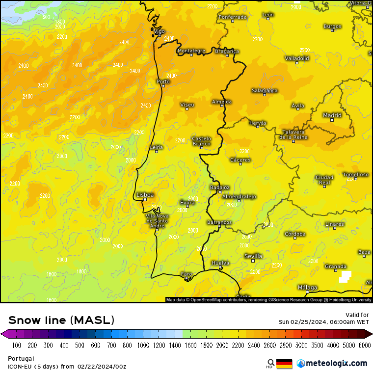 Tempo no fim-de-semana: Frio e chuva, mas também abertas! - Previsão 2425 de Fevereiro Cota de neve ICON manhã de Domingo
