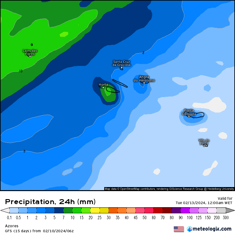 Previsão do Tempo para Segunda, 12 de Fevereiro de 2024 Chuva Açore Segunda dia 12 de Fevereiro, GFS