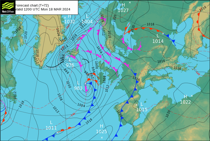 Tempo na Segunda, 18 de Março de 2024 - Trovoadas de Primavera... e calor! Tempo na Segunda - MetOffice (cartas de superfície)