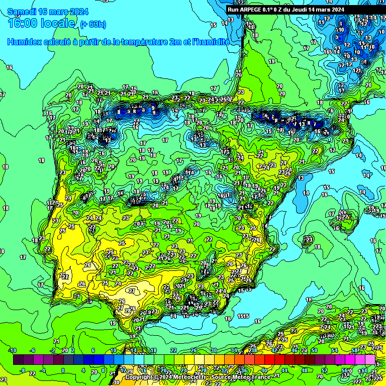 Temperatura sentida Sábado, modelo ARPEGE