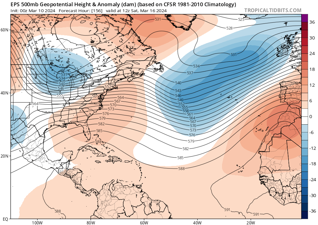 Tempo na Semana 11 a 17 de Março - A Primavera está de regresso, mas... Geopotencial para o fim-de-semana 16-17 de Março - anomalia