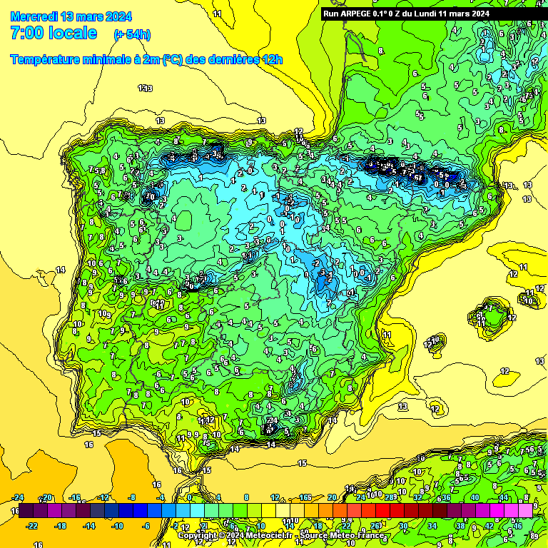 Tempo na Quarta, 13 de Março de 2024 - Anticiclone a enfraquecer... Temperaturas na Quarta - previsão modelo ARPEGE