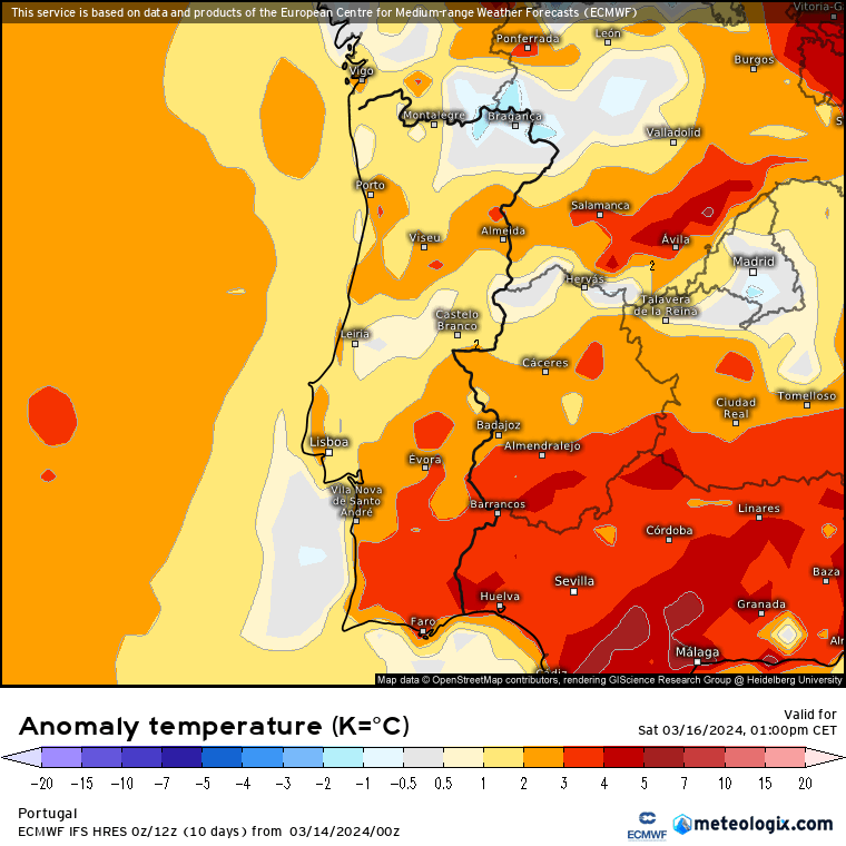 Tempo no fim-de-semana - Anomalia de temperaturas