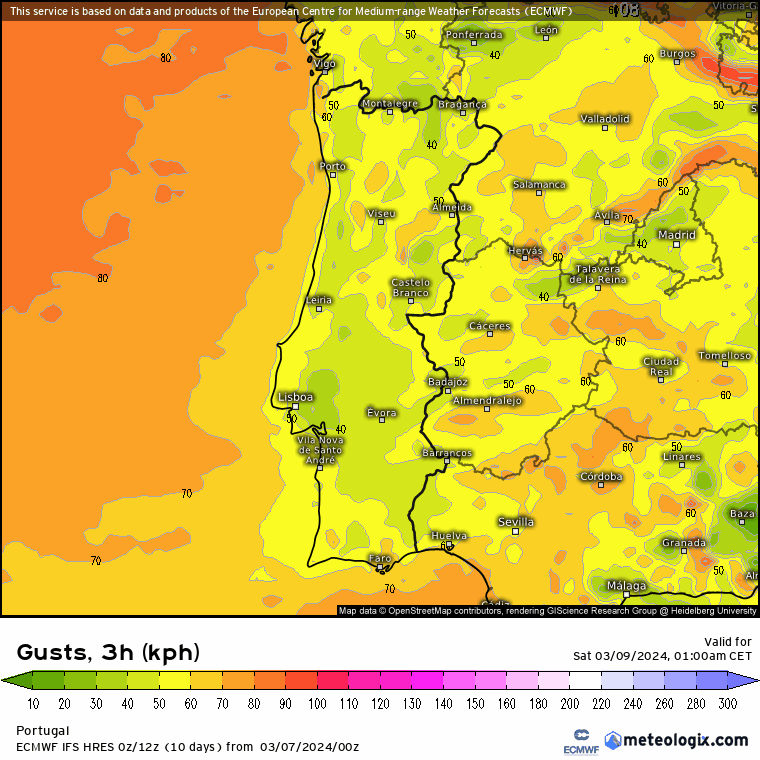 Tempo no Sábado, 9 de Março de 2024 - Temporal de Vento, Chuva, Neve e Mar Vento no Sábado, dia 9 de Março