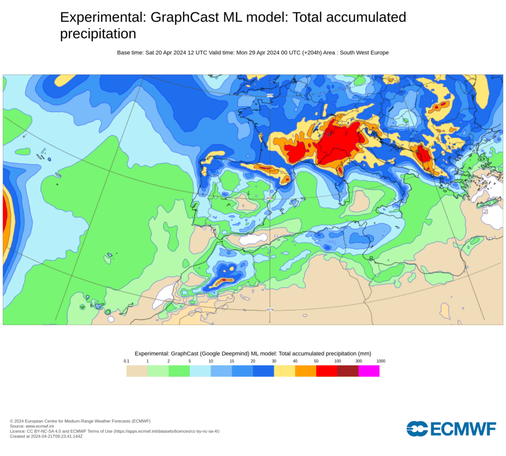 Tempo esta semana - Precipitação prevista pelo modelo GraphCast