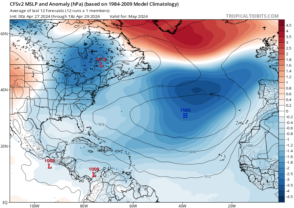 CFSv2, anomalia de pressão ao longo de Maio 2024 
