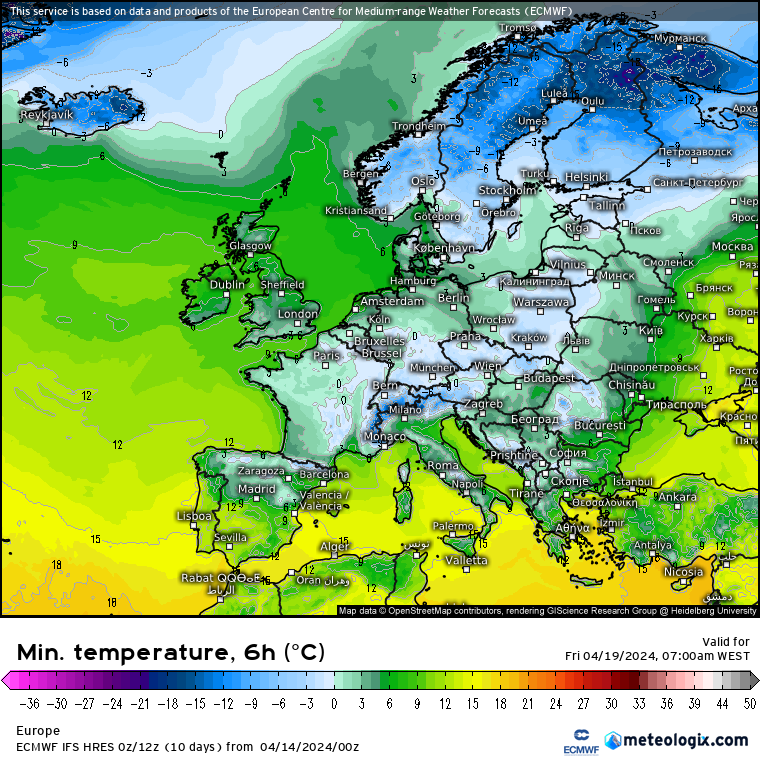 Depressão Renata - Segunda e Terça, 15-16 de Abril - Do Verão ao Inverno em 24h em alguns países Europeus Temperatura mínima Sexta dia 19 de Abril