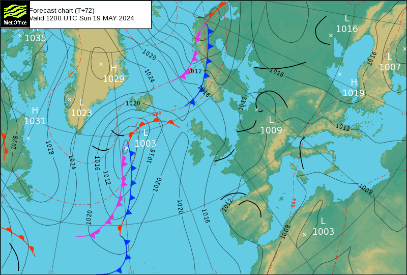 Tempo no Domingo, 19 de Maio - Possibilidade de granizo e trovoadas, enquanto o anticiclone continua afastado... Tempo no Domingo, previsão à superfície MetOffice