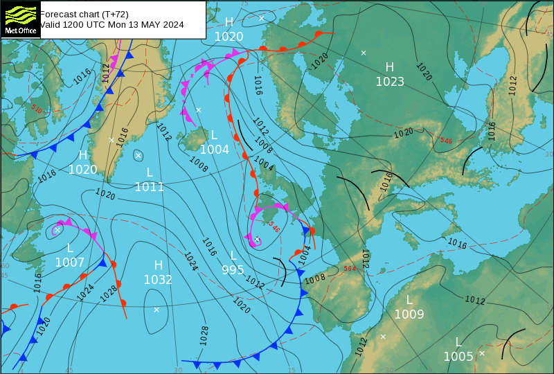 Chuva na Segunda 13 de Maio - carta MetOffice