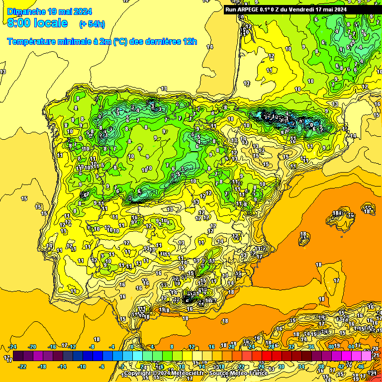 Tempo no Domingo, 19 de Maio - Possibilidade de granizo e trovoadas, enquanto o anticiclone continua afastado... Temperaturas em Portugal no Domingo, 19 de Maio - ARPEGE