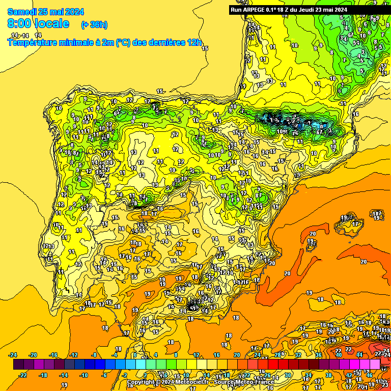 Tempo no Sábado, 25 de Maio - Volta a mudar o tempo, com mais nuvens e até chuva em alguns locais... Temperaturas no Sábado, previsão modelo ARPEGE