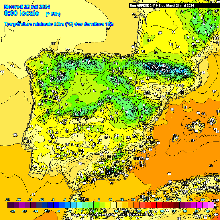 Temperaturas na Quarta, 22 de Maio, ARPEGE