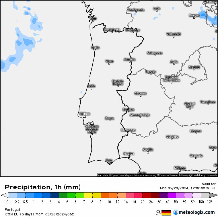Tempo na Segunda, 20 de Maio 2024 - Tempo mais seco, finalmente - mudança, mas temporária.... Precipitação Segunda 20 de Maio