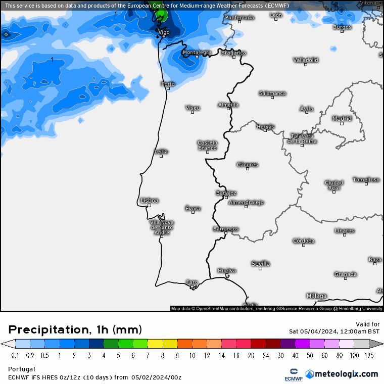 Tempo no Sábado, 4 de Maio de 2024 - Sol? Ainda não! Rio atmosférico afeta o território... Chuva no Sábado