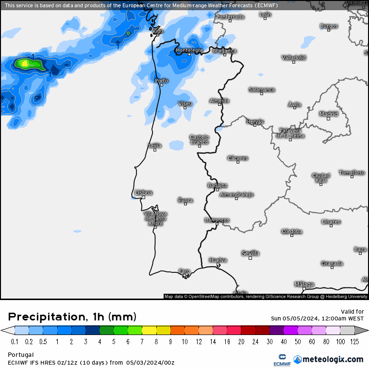 Tempo no Domingo, 5 de Maio - Abafado, sobe a temperatura, mas a chuva não dá tréguas... Chuva Domingo