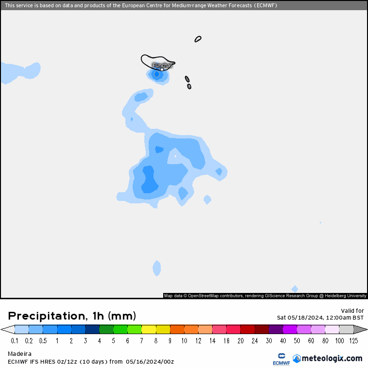 Tempo no Sábado, 18 de Maio de 2024 - " Gota-fria " nas previsões - Maio ainda com cara de Março, exceto se vive no Sul! Precipitação no Sábado, Madeira -ECMWF