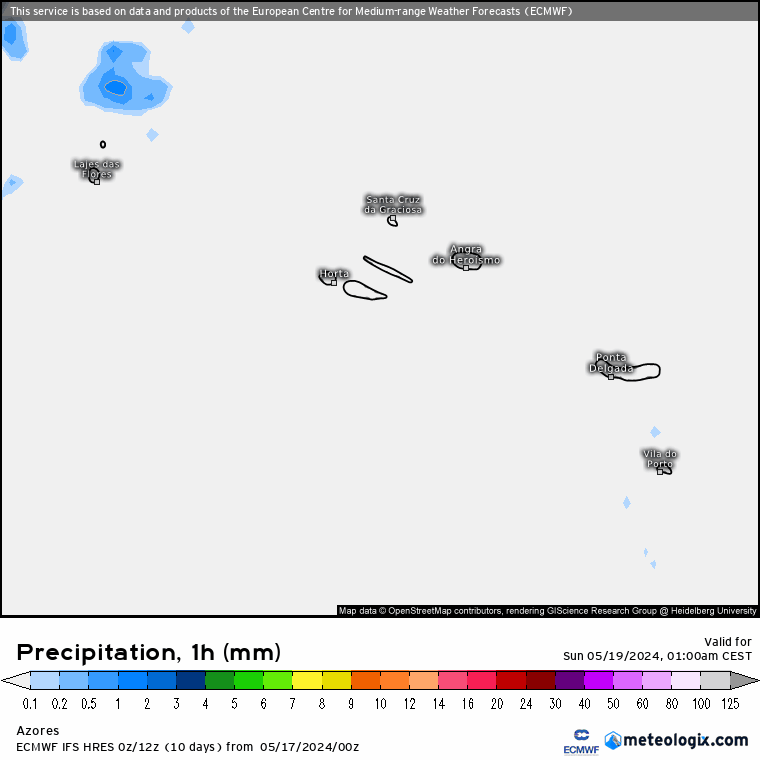 Tempo no Domingo, 19 de Maio - Possibilidade de granizo e trovoadas, enquanto o anticiclone continua afastado... Precipitação Açores - ECMWF, Domingo 19 de Maio
