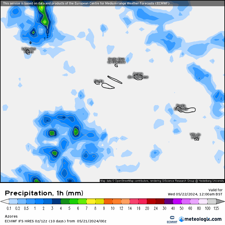 Chuva na Quarta, 22 de Maio - Açores - ECMWF