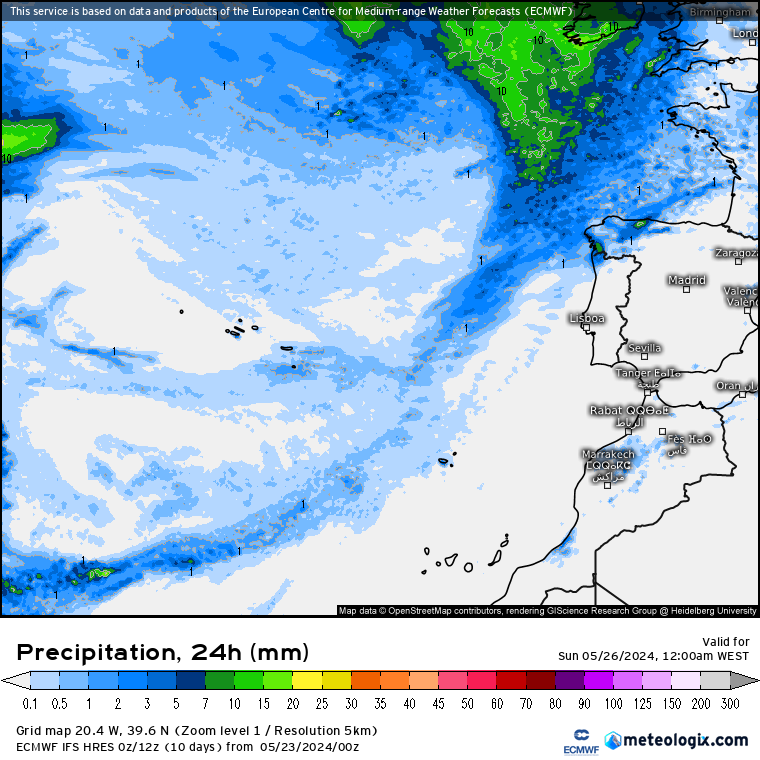 Precipitação prevista no Sábado, ECMWF - Tempo no fim de semana