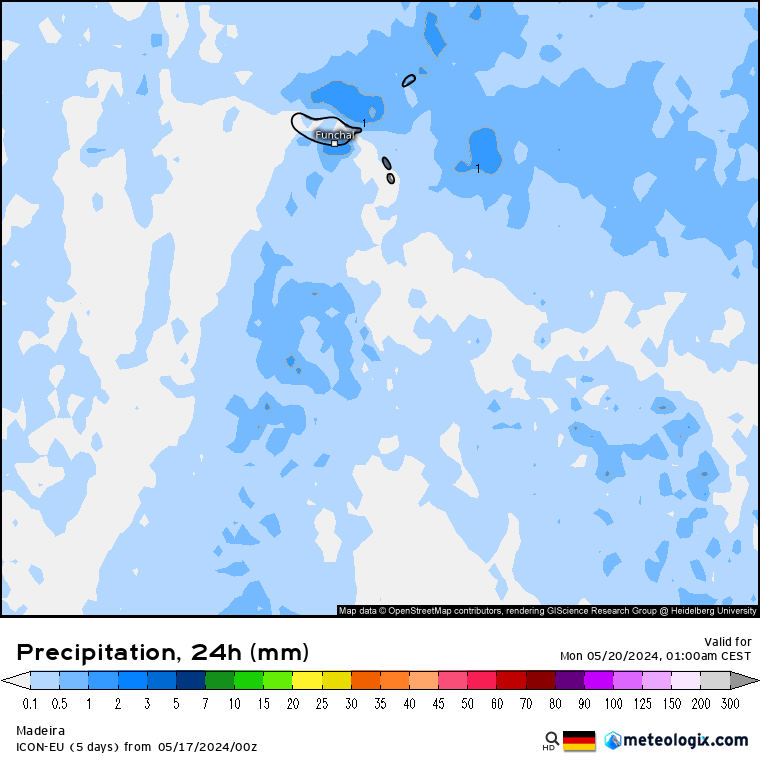 Tempo no Domingo, 19 de Maio - Possibilidade de granizo e trovoadas, enquanto o anticiclone continua afastado... Precipitação Madeira, Domingo dia 19 de Maio - ICON