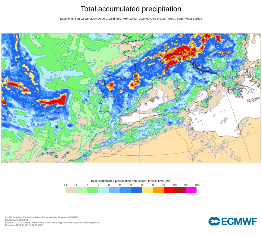Tempo esta semana - 3 a 9 de Junho - Calor e possíveis trovoadas fortes (com granizo) - saiba com o que contar! Chuva -ECMWF