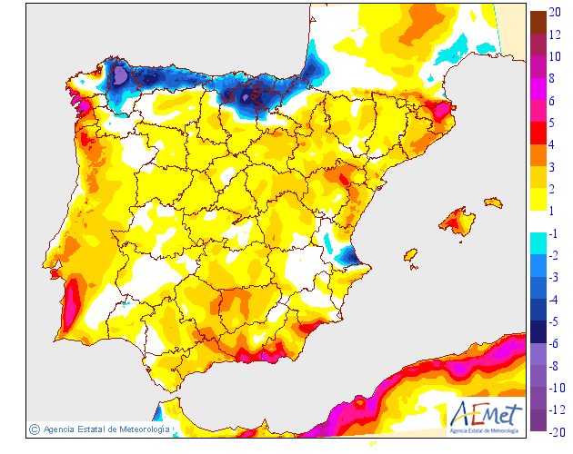 Tempo na Quinta, 6 de Junho - Muito calor, mas com poeiras e instabilidade à espreita - Previsão completa! Tempo na Quinta - Variação de temperaturas máximas, AEMET