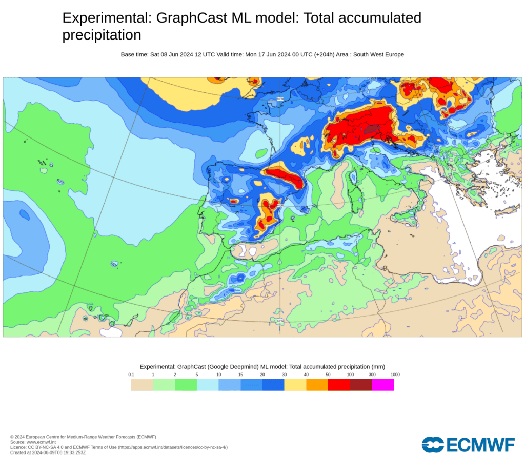 Chuva esta semana - previsão Graphcast 10 a 16 de Junho