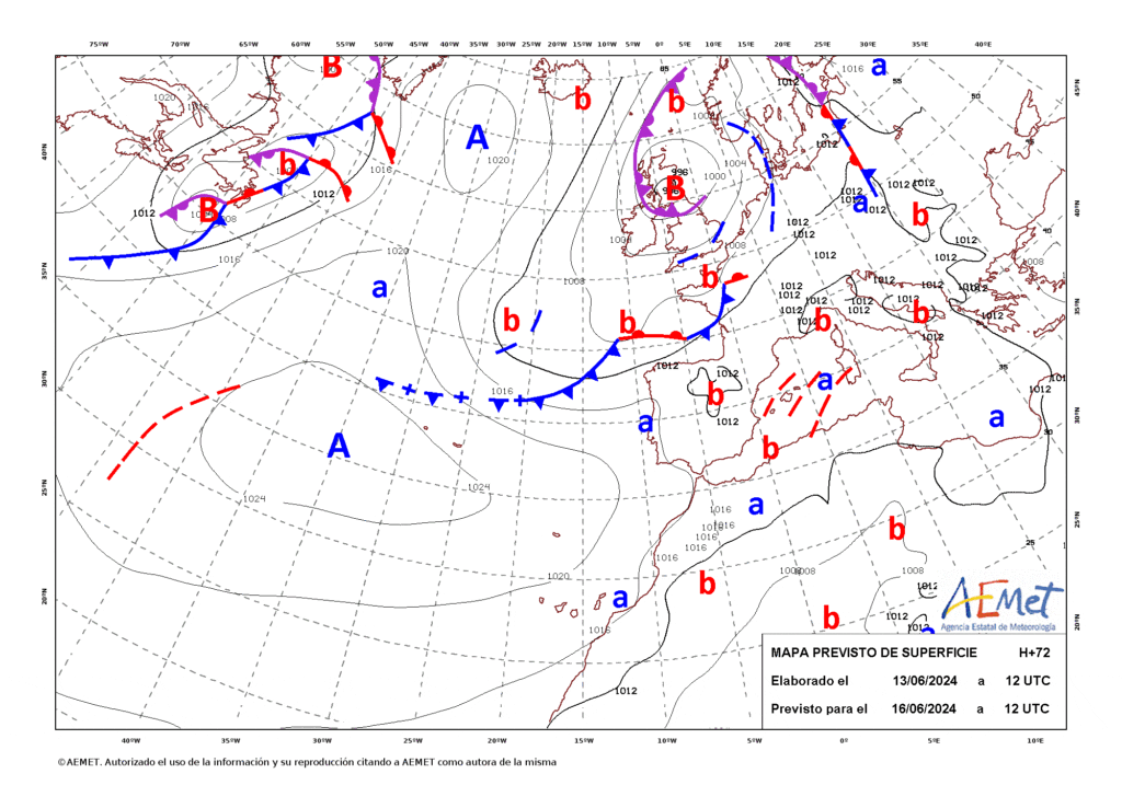 Tempo no Domingo, 16 de Junho - Rio atmosférico começa a instalar-se (Em Junho, sim) - saiba a previsão completa! Análise Frontal AEMET\ECMWF