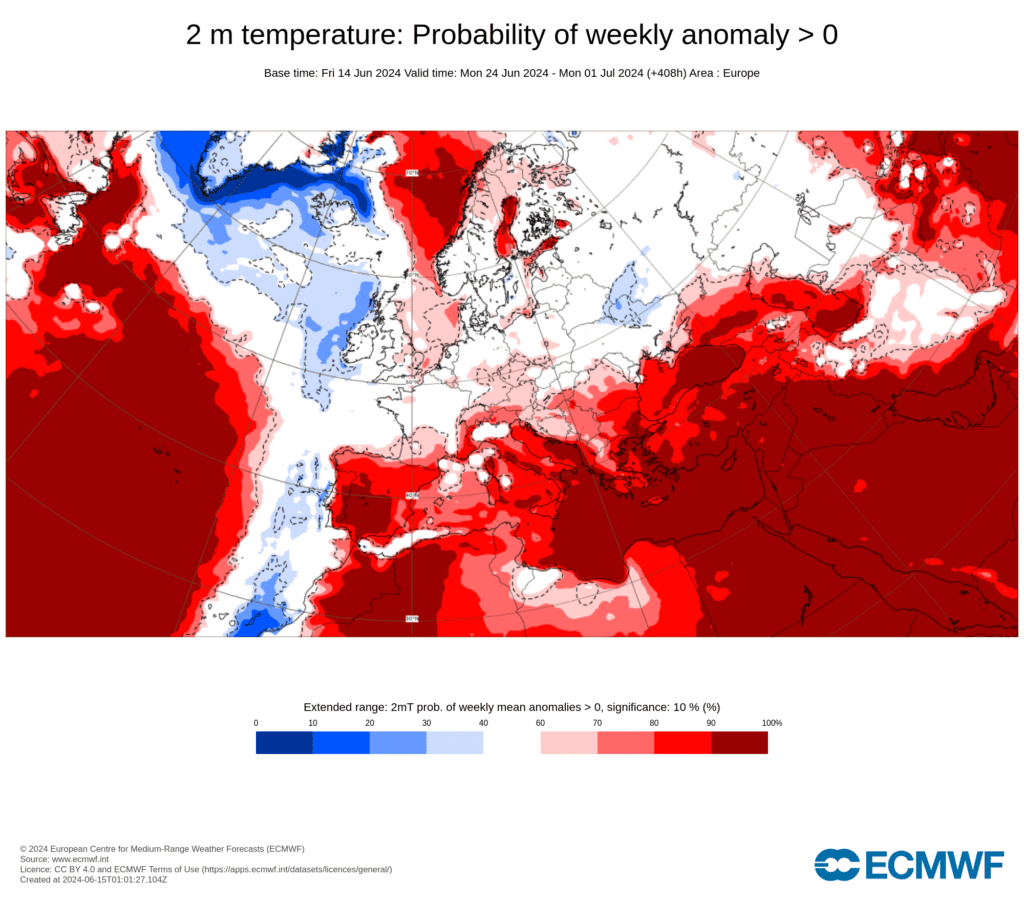 ECMWF, anomalia de temperatura para 24 de Junho a 1 de Julho