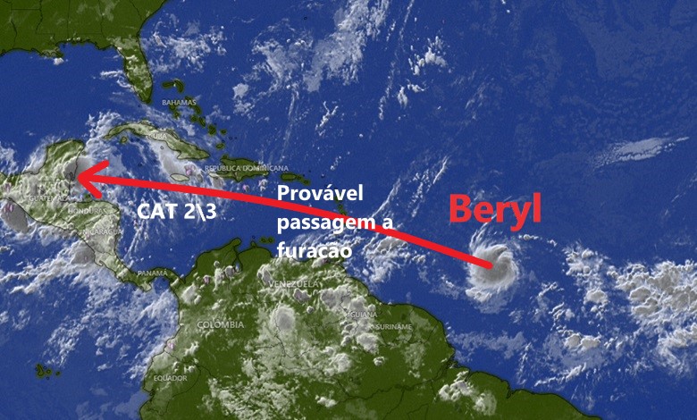 Furacão Beryl - possível trajetória