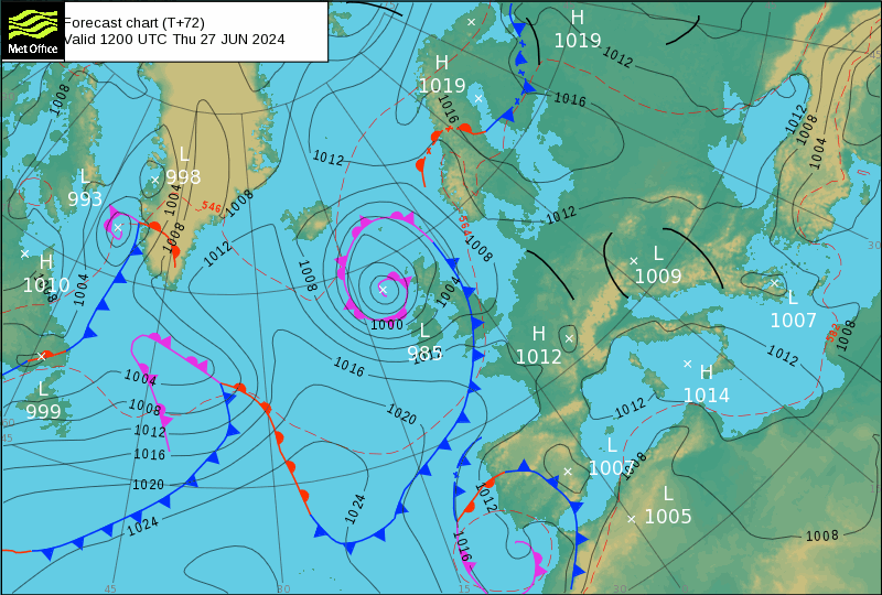 Tempo na Quinta, 27 de Junho - Depressão provoca chuva e trovoadas, com granizo - saiba em que regiões, e os detalhes! Carta de análise frontal - MetOffice