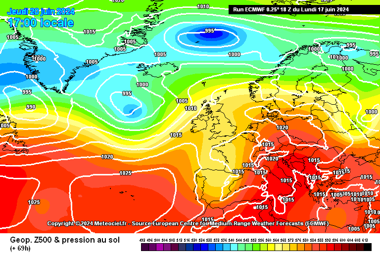 Tempo na Quinta, 20 de Junho - Verão a começar, e o tempo também vai mudar... mas ainda há aguaceiros em algumas regiões... Anticiclone nos Açores, previsão ECMWF - Quinta 20 de Junho