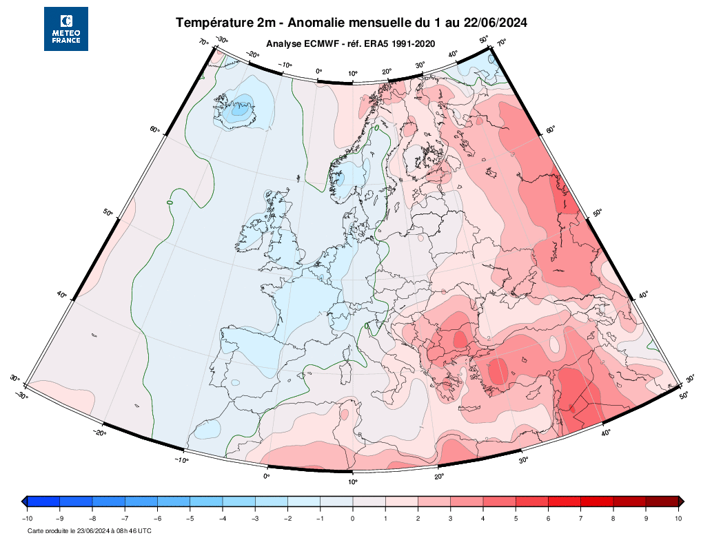Tempo em Junho - anomalia de temperatura - mês normal\ligeiramente quente em Portugal