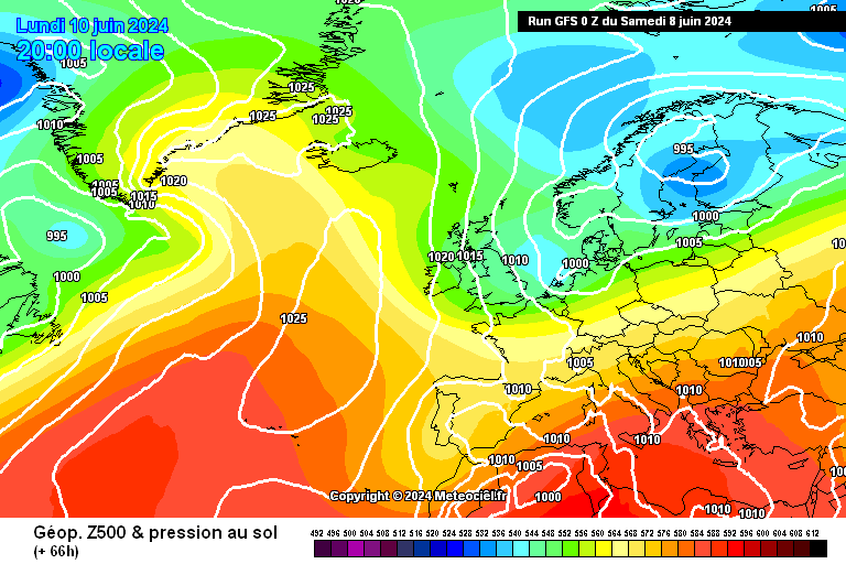 Tempo na Segunda, 10 de Junho - Chuva e trovoada marcam o dia de Portugal em alguns locais - previsão completa GFS - Pressão e geopotencial, dia 10 de Junho