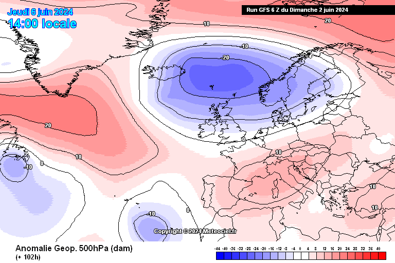 Tempo esta semana - 3 a 9 de Junho - Calor e possíveis trovoadas fortes (com granizo) - saiba com o que contar! GFS - Anomalia de pressão e geopotencial - dia 5 de Junho