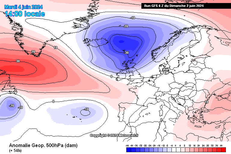Tempo na Terça, 4 de Junho - Anomalia de geopotencial GFS