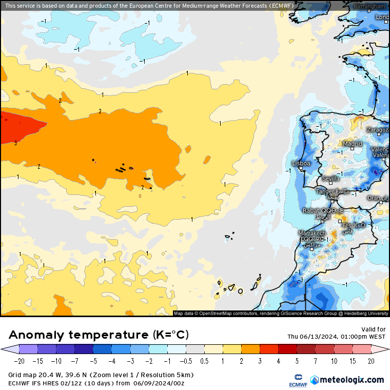 Temperaturas (anomalia de temperatura) na Quinta 13 de Junho