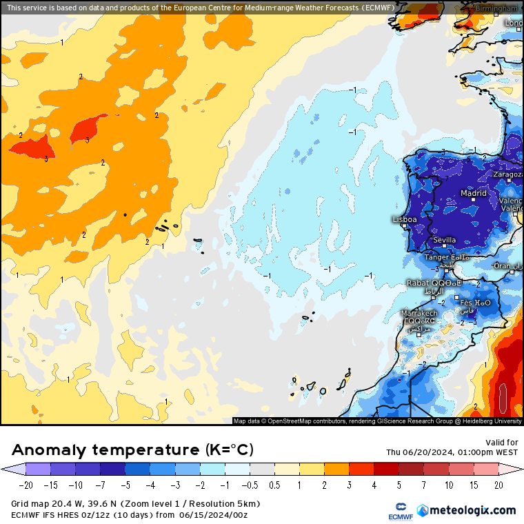 Anomalia de temperaturas - 20 de Junho