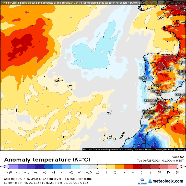 Tempo na Terça, anomalia de temperatura prevista pelo modelo ECMWF