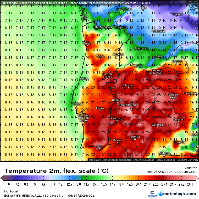 Temperaturas na madrugada de dia 23 para 24 de Junho - ECMWF
