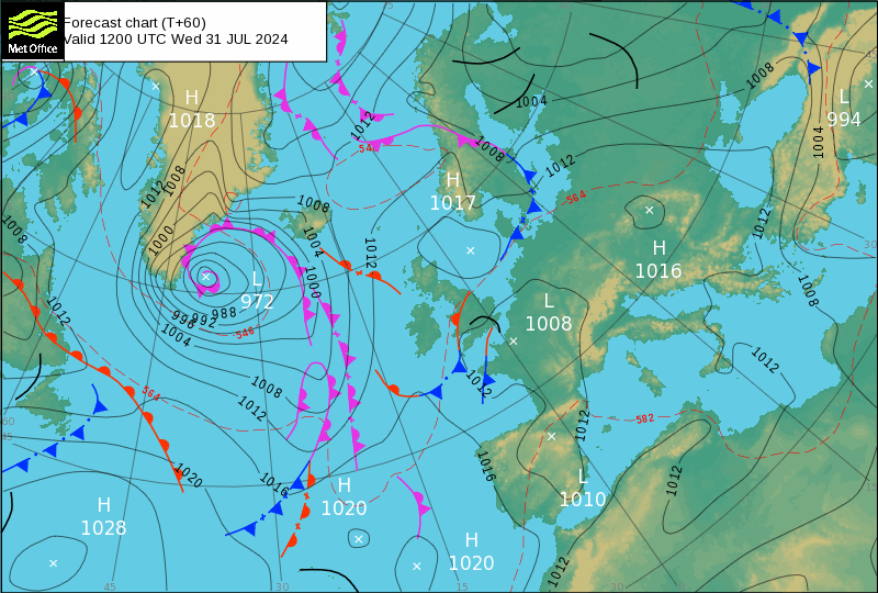 Tempo na Quarta, 31 de Julho - Neblina nas praias (água quente?) e vento mais forte - saiba como poderão estar as temperaturas! Tempo na Quarta, 31 de Julho - MetOffice